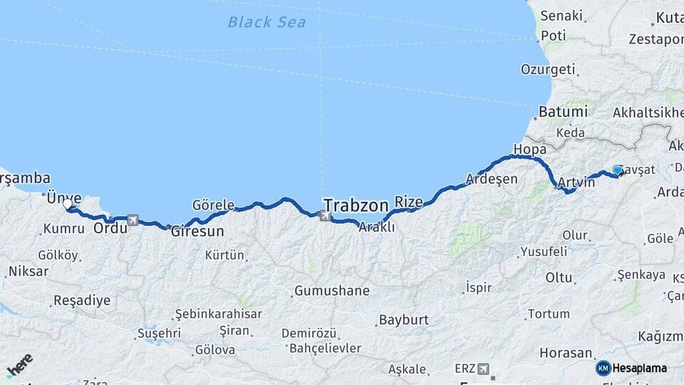 Artvin Şavşat Fatsa Ordu Arası Kaç Km - Yol Haritası