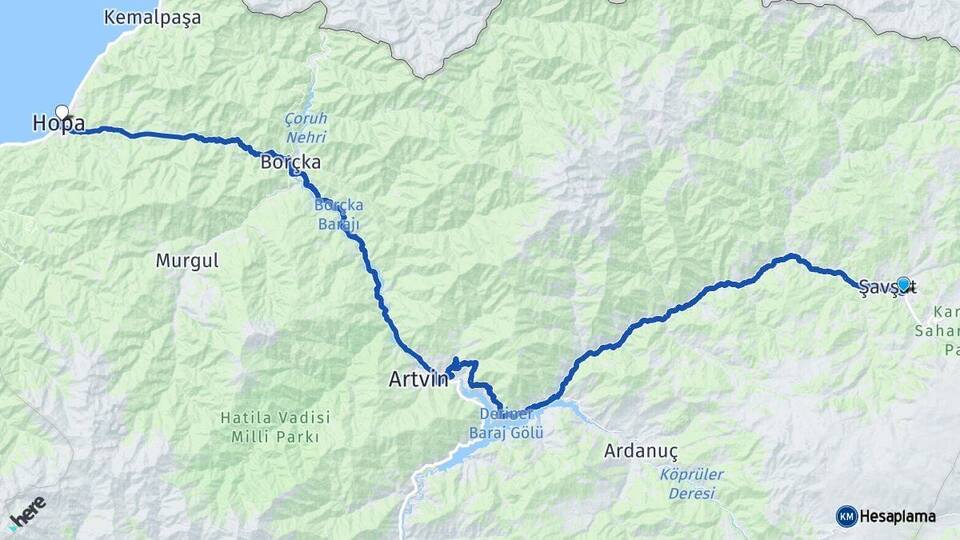 Artvin Şavşat Hopa Arası Kaç Km - Yol Haritası