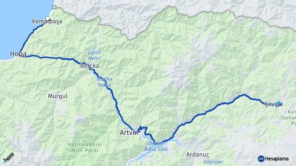 Artvin Şavşat Kemalpaşa Arası Kaç Km - Yol Haritası