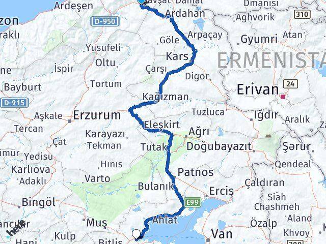 Artvin Şavşat Tatvan Bitlis Arası Kaç Km - Yol Haritası
