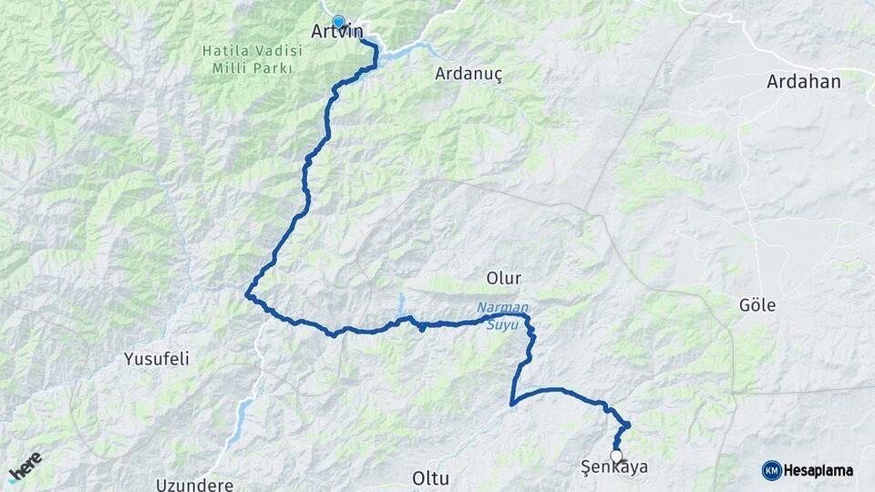 Artvin Şenkaya Erzurum Arası Kaç Km - Yol Haritası