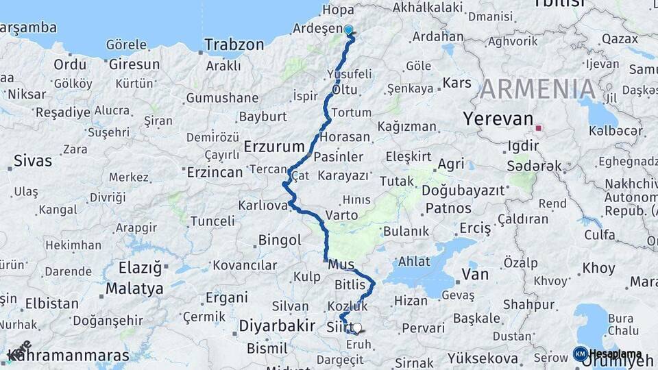 Artvin Siirt Arası Kaç Km - Yol Haritası