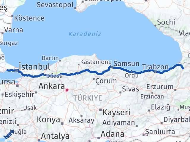 Artvin Silivri İstanbul Arası Kaç Km - Yol Haritası