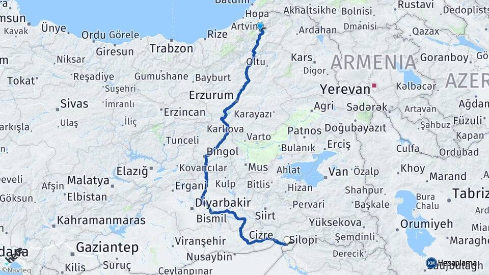 Artvin Silopi Şırnak Arası Kaç Km - Yol Haritası