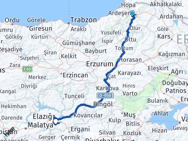 Artvin Sivrice Elazığ Arası Kaç Km - Yol Haritası