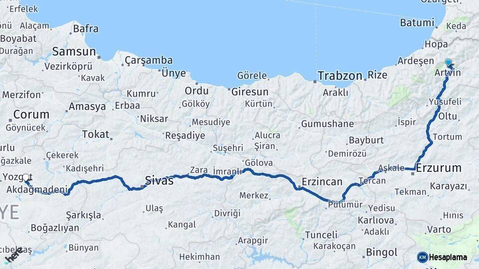 Artvin Sorgun Yozgat Arası Kaç Km - Yol Haritası