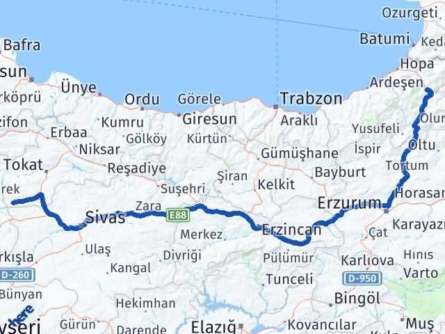 Artvin Sulusaray Tokat Arası Kaç Km - Yol Haritası