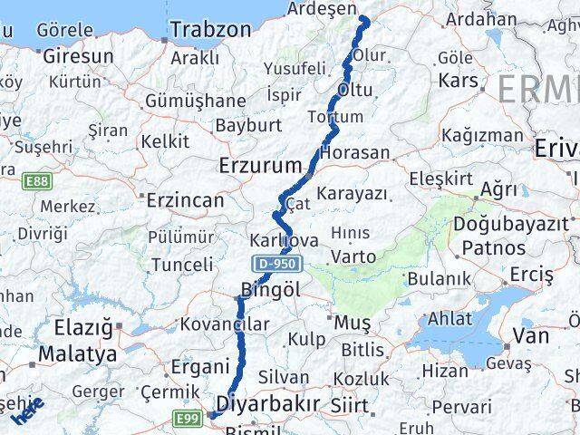 Artvin Sur Diyarbakır Arası Kaç Km - Yol Haritası