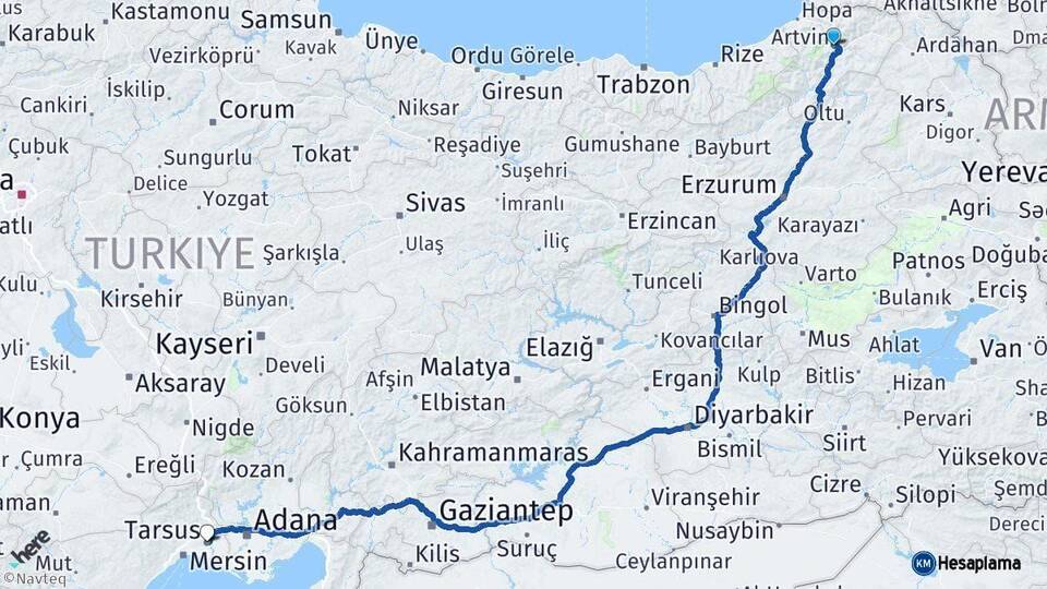 Artvin Tarsus Mersin Arası Kaç Km - Yol Haritası