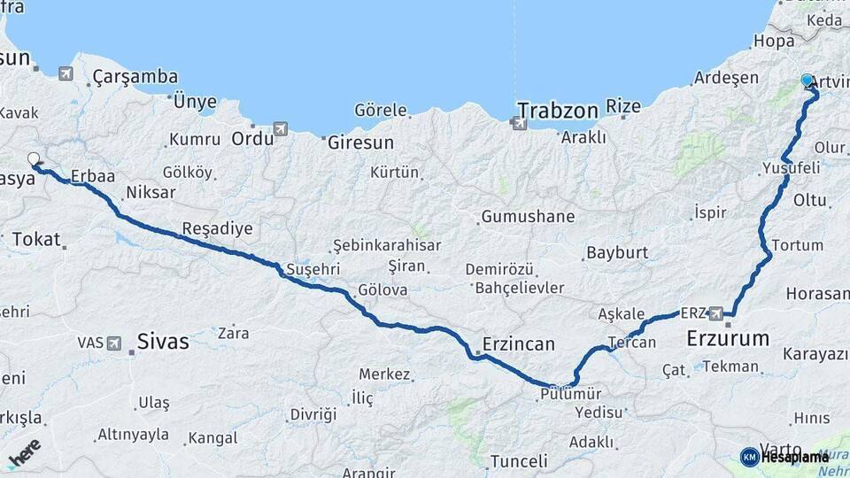 Artvin Taşova Amasya Arası Kaç Km - Yol Haritası