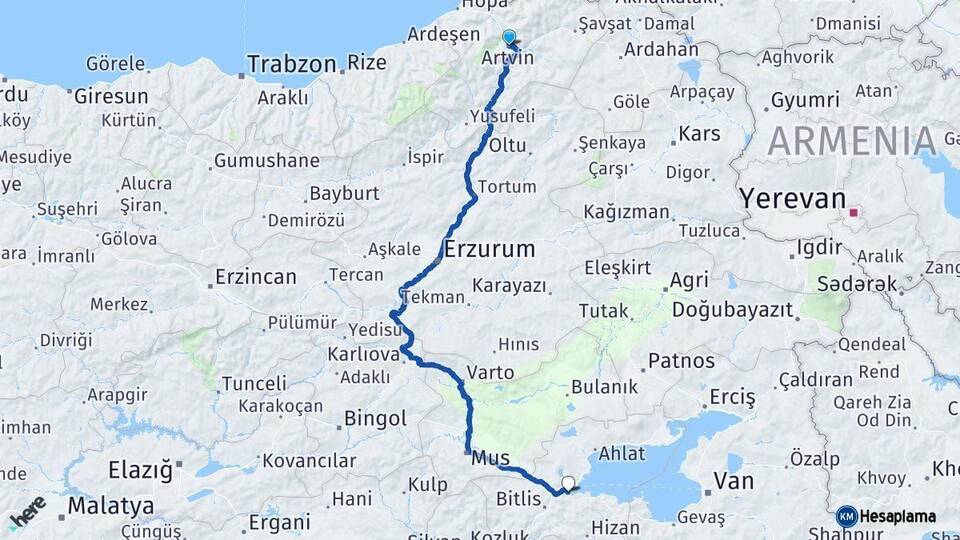 Artvin Tatvan Bitlis Arası Kaç Km - Yol Haritası