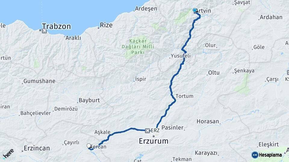 Artvin Tercan Erzincan Arası Kaç Km - Yol Haritası