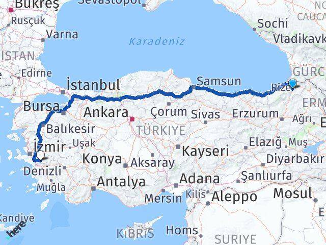 Artvin Tire İzmir Arası Kaç Km - Yol Haritası