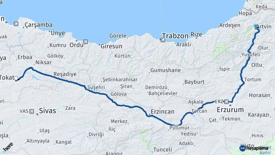 Artvin Tokat Arası Kaç Km - Yol Haritası