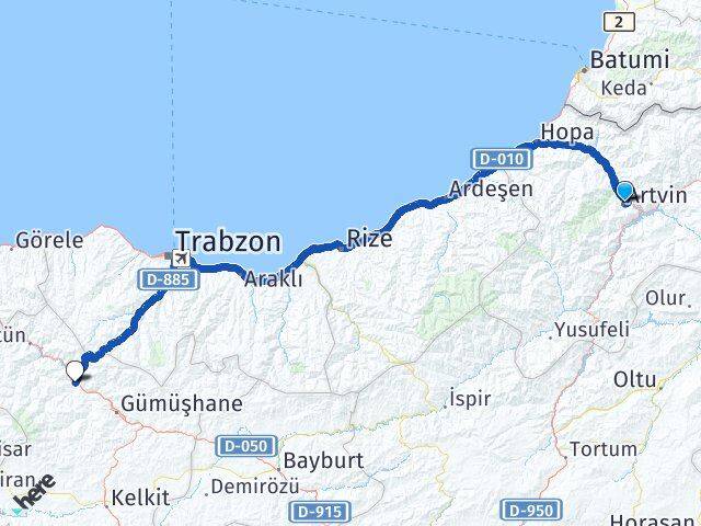 Artvin Torul Gümüşhane Arası Kaç Km - Yol Haritası