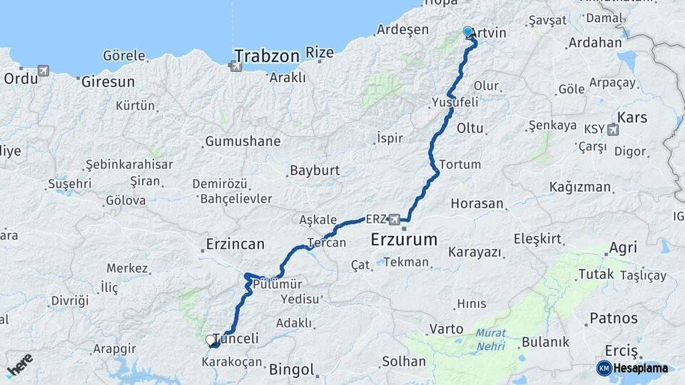 Artvin Tunceli Arası Kaç Km - Yol Haritası