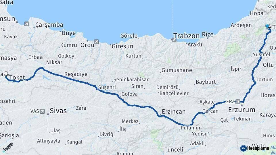 Artvin Turhal Tokat Arası Kaç Km - Yol Haritası
