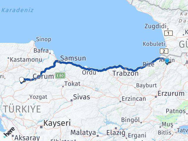 Artvin Uğurludağ Çorum Arası Kaç Km - Yol Haritası