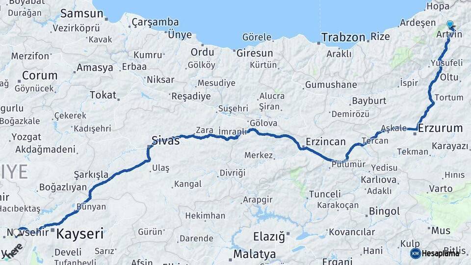 Artvin Ürgüp Nevşehir Arası Kaç Km - Yol Haritası
