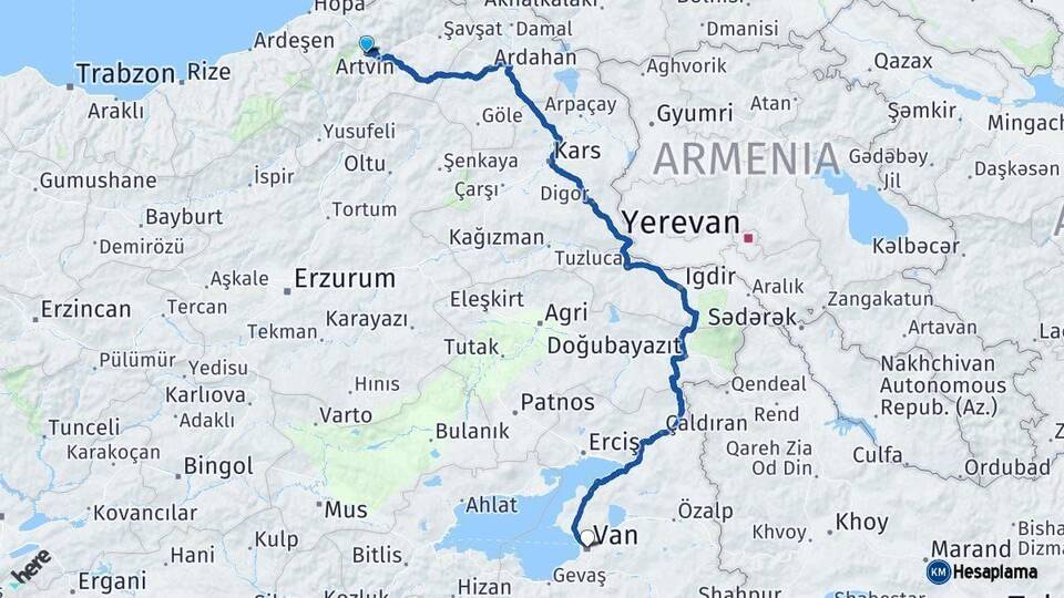 Artvin Van Arası Kaç Km - Yol Haritası
