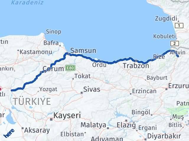 Artvin Yahşihan Kırıkkale Arası Kaç Km - Yol Haritası