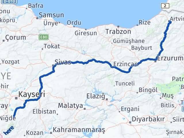 Artvin Yahyalı Kayseri Arası Kaç Km - Yol Haritası
