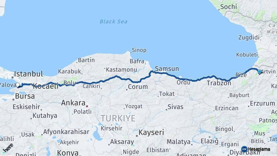 Artvin Yalova Arası Kaç Km - Yol Haritası