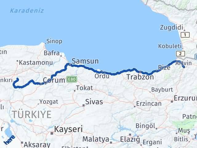 Artvin Yapraklı Çankırı Arası Kaç Km - Yol Haritası