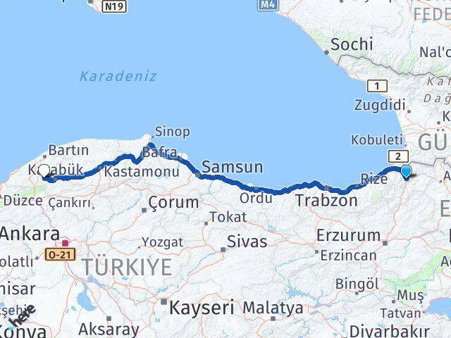 Artvin Yenice Karabük Arası Kaç Km - Yol Haritası