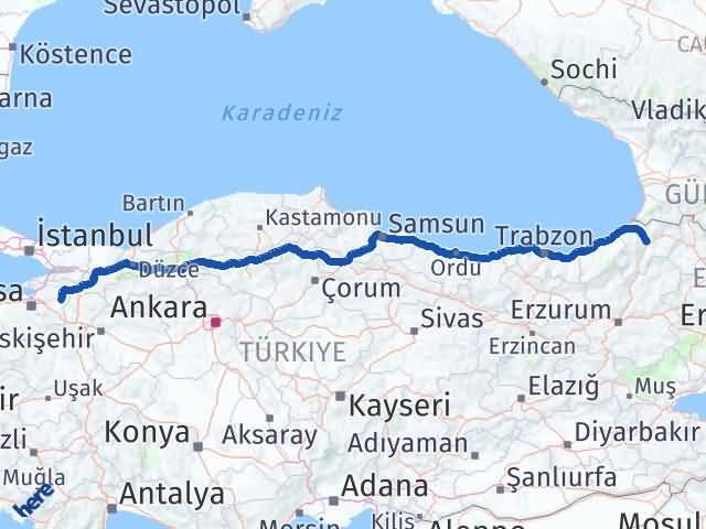 Artvin Yenişehir Bursa Arası Kaç Km - Yol Haritası