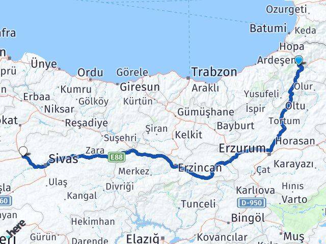 Artvin Yıldızeli Sivas Arası Kaç Km - Yol Haritası