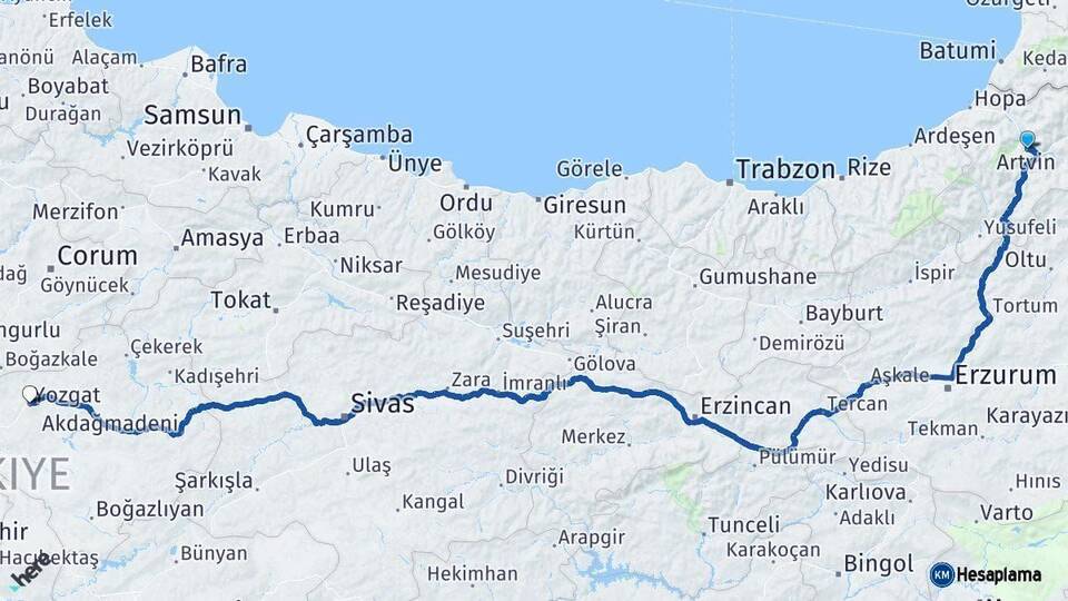 Artvin Yozgat Arası Kaç Km - Yol Haritası