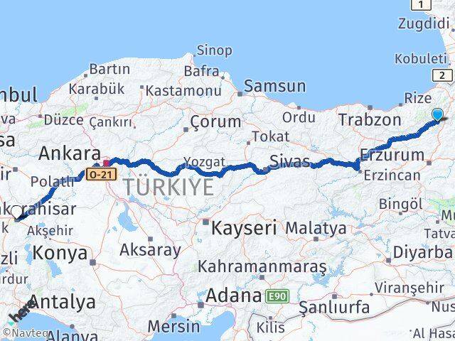 Artvin Yusufeli Afyonkarahisar Arası Kaç Km - Yol Haritası