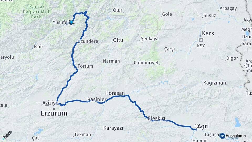 Artvin Yusufeli Ağrı Arası Kaç Km - Yol Haritası