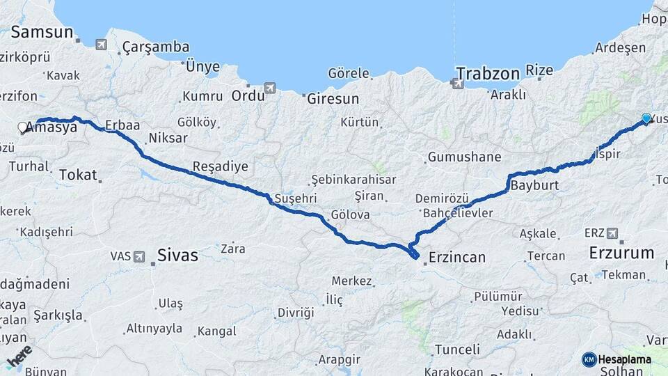 Artvin Yusufeli Amasya Arası Kaç Km - Yol Haritası