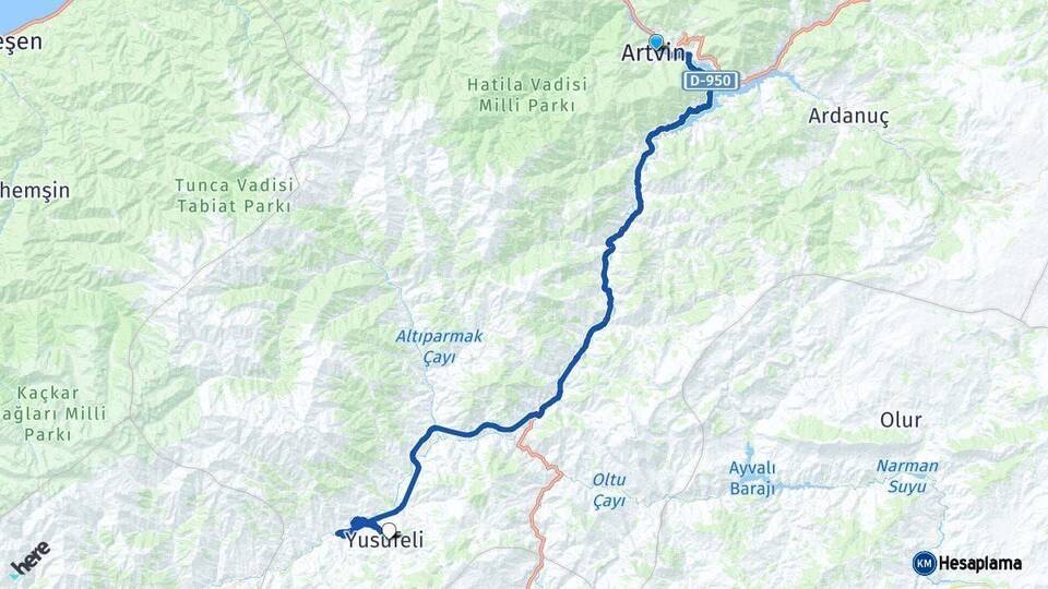 Artvin Yusufeli Arası Kaç Km - Yol Haritası