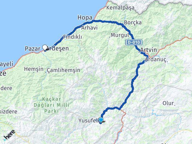 Artvin Yusufeli Ardeşen Rize Arası Kaç Km - Yol Haritası