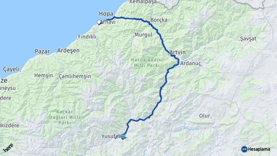 Artvin Yusufeli Arhavi Arası Kaç Km - Yol Haritası