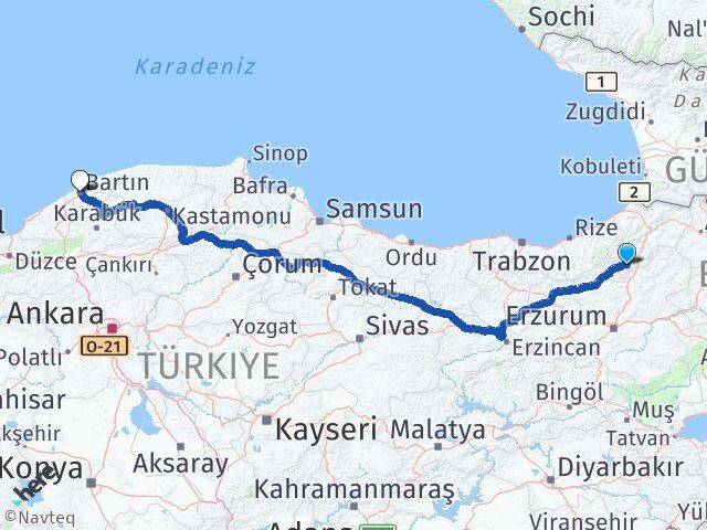 Artvin Yusufeli Bartın Arası Kaç Km - Yol Haritası