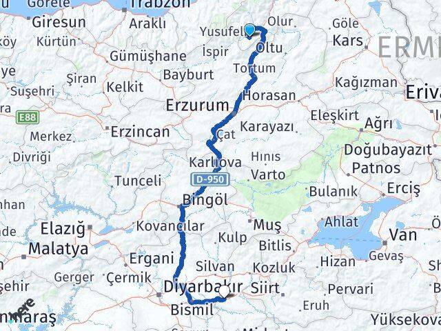 Artvin Yusufeli Batman Arası Kaç Km - Yol Haritası
