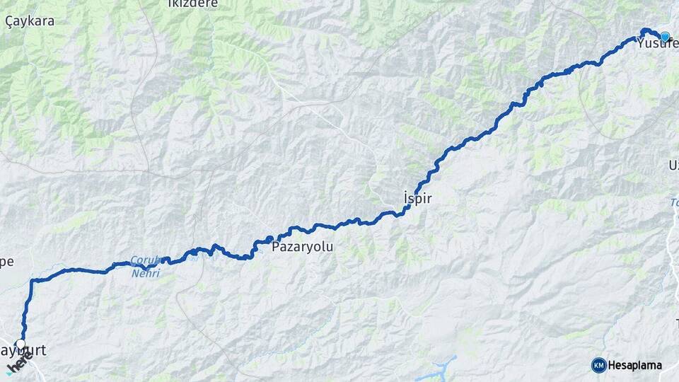 Artvin Yusufeli Bayburt Arası Kaç Km - Yol Haritası