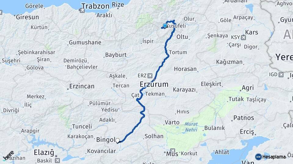 Artvin Yusufeli Bingöl Arası Kaç Km - Yol Haritası