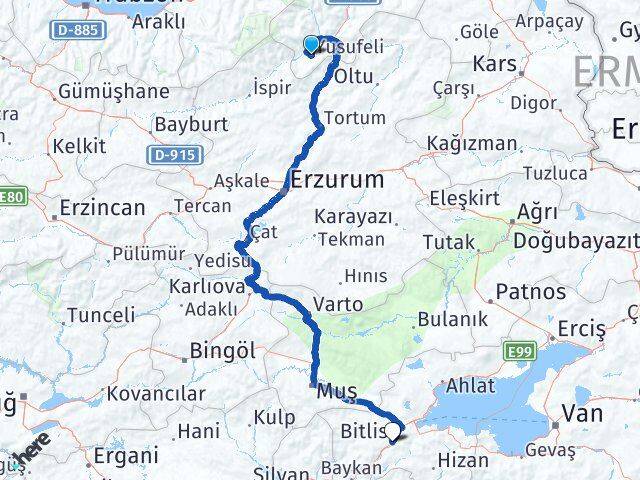 Artvin Yusufeli Bitlis Arası Kaç Km - Yol Haritası