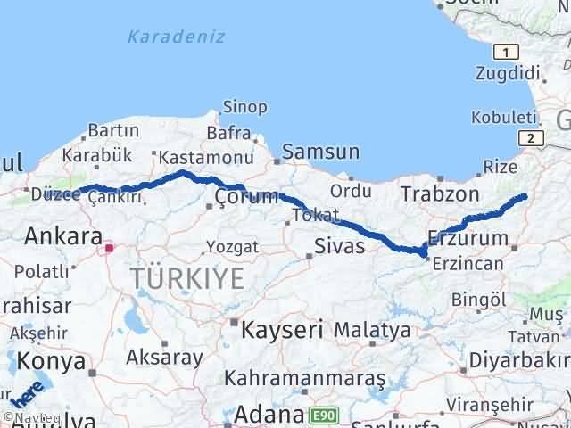Artvin Yusufeli Bolu Arası Kaç Km - Yol Haritası