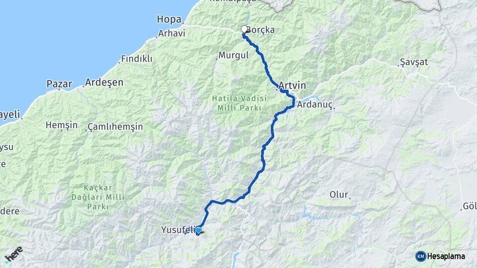 Artvin Yusufeli Borçka Arası Kaç Km - Yol Haritası