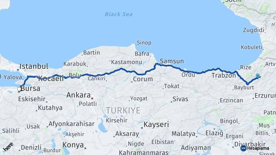 Artvin Yusufeli Bursa Arası Kaç Km - Yol Haritası