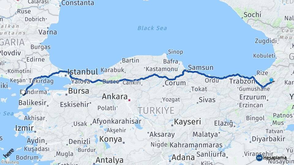 Artvin Yusufeli Çanakkale Arası Kaç Km - Yol Haritası
