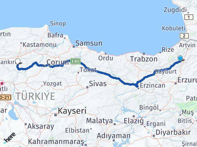 Artvin Yusufeli Çankırı Arası Kaç Km - Yol Haritası