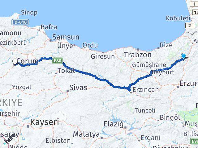 Artvin Yusufeli Çorum Arası Kaç Km - Yol Haritası