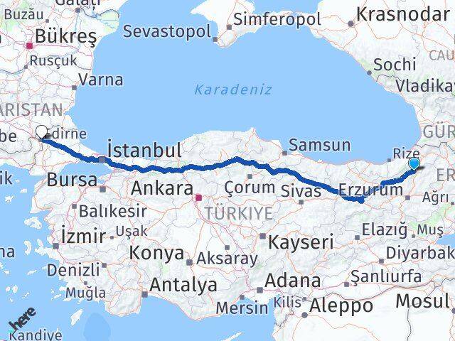 Artvin Yusufeli Edirne Arası Kaç Km - Yol Haritası